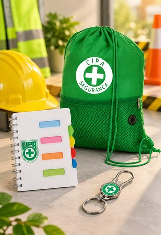 Mochila saco, caderno e chaveiro personalizados com o símbolo da CIPA
