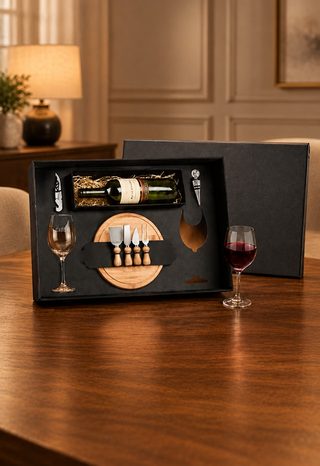 Kit de vinho com taças, tábua e utensílios para queijo em caixa preta de presente