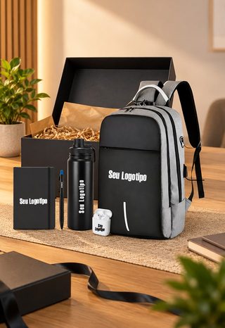 Kit de boas-vindas com mochila, garrafa, caderno, caneta e fone de ouvido personalizados com logotipo